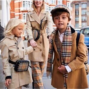 Burberry Toddler Trench Coat 2Y Honey Belt Plaid Tan Beige Authentic Cotton